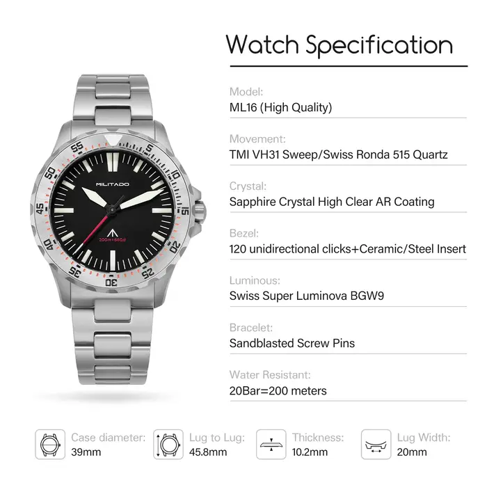 Montre de plongée à quartz Militado ML16 39 mm, verre saphir, résistance à l'eau 200 m, lunette en céramique, luminescence BGW9, couronne à visser