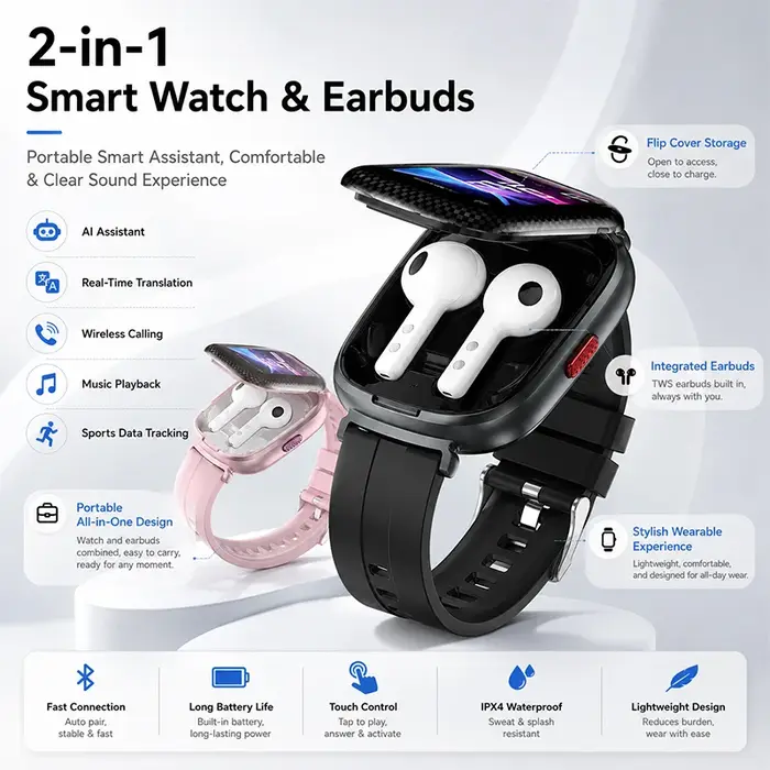 Montre connectée 2026 avec écouteurs sans fil, traduction en temps réel, appels Bluetooth, écran tactile HD, suivi d'activité physique pour Android et iOS