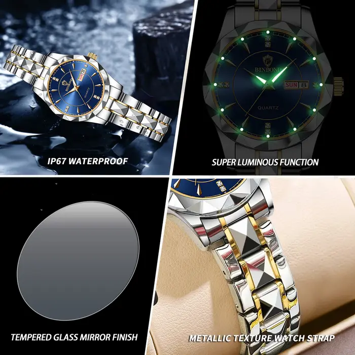 Montres-bracelets de luxe BINBOND en quartz pour femmes, lumineuses, étanches, avec affichage de la semaine et date automatique, montres pour femmes, mode décontractée, Reloj