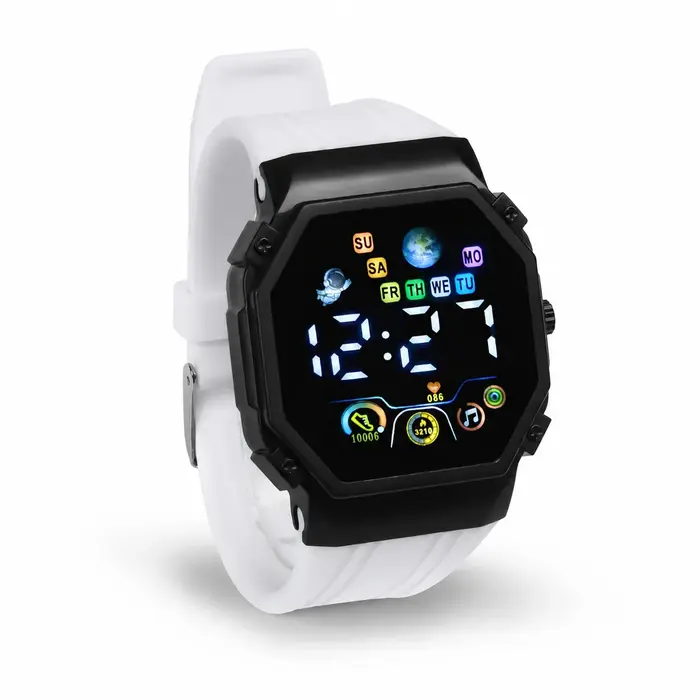 Montre électronique numérique LED unisexe, tendance et décontractée. Il présente un boîtier carré no