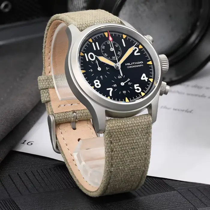 Militado ML1868KF rétro VK67 montre chronographe à Quartz boîtier en acier inoxydable 3 cadran étanc