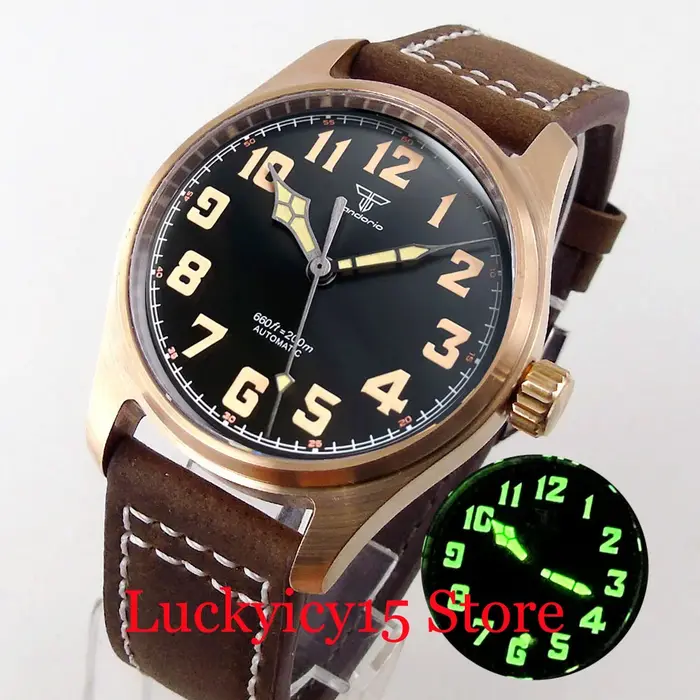Montre automatique Tandorio 39MM, mouvement japonais NH35/PT5000, bracelet en cuir, saphir, luminescence verte, cadran noir vintage