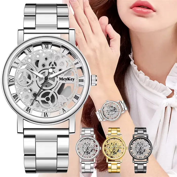 Top nouvelle mode femmes creux squelette Faux montre mécanique dames métal maille Quartz montres pour femme Relogio Feminino