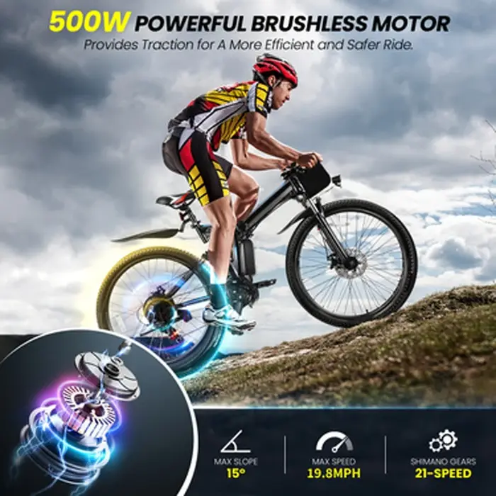 Vivi M026TGB Vélo électrique pliant 26" pour adultes, avec moteur 500 W, batterie amovible 48 V 20 M