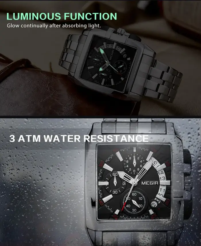 MEGIR Original luxe hommes montre en acier inoxydable