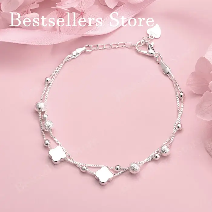 Bracelet en argent sterling 925 avec perles trèfle exquises de 8 pouces pour les fêtes féminines