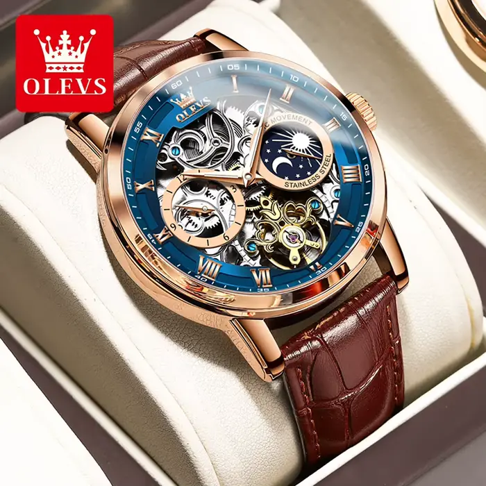 OLEVS Top marque hommes squelette montre mécanique étanche bracelet en cuir