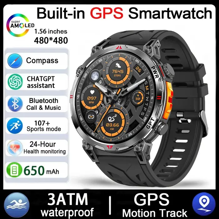 Montre connectée GPS pour hommes, avec boussole, appels sans fil, étanche, Assistant vocal, moniteur