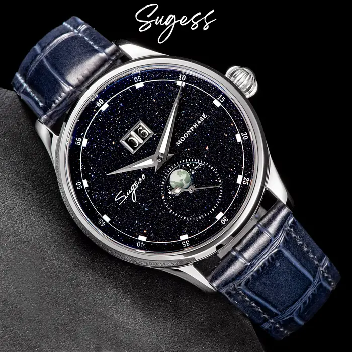 Sugess montre pour hommes édition limitée phase de lune boîtier en acier inoxydable 316L Tianjin ST2528 mouvement de luxe pierres précieuses étoiles cadran cadeau V3