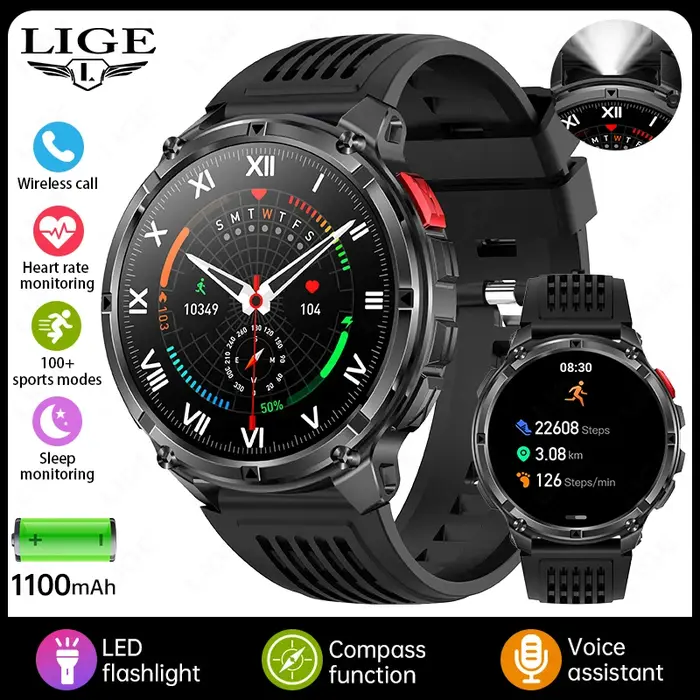 LIGE nouveau traqueur de Sport en plein air montre intelligente hommes 1100mAh grande batterie longu
