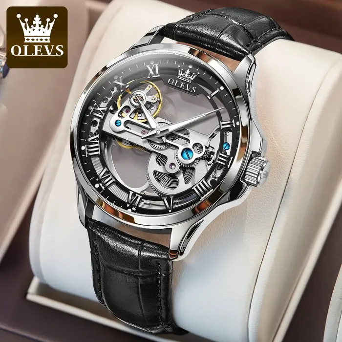 OLEVS 6661 entièrement Transparent squelette volant automatique mécanique montre pour hommes bracelet en cuir marque de luxe Original homme montre-bracelet