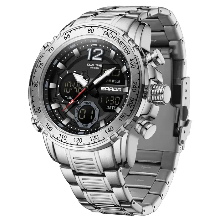 Montres pour hommes SANDA, marque haut de gamme, chronographe, acier doré, sport, numérique, analogi