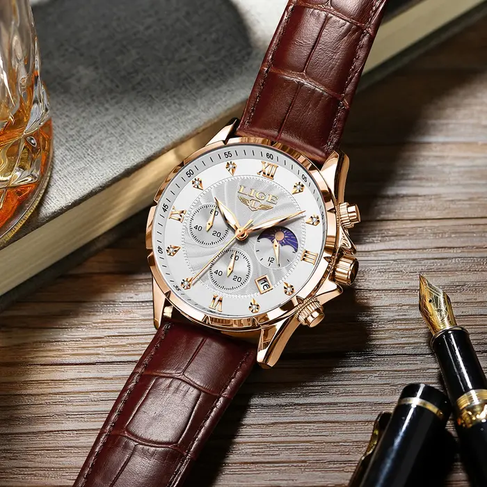 LIGE montre pour hommes de luxe affaires lumineux étanche montres en cuir Phase de lune semaine Date montre à Quartz décontractée hommes Reloj hombre