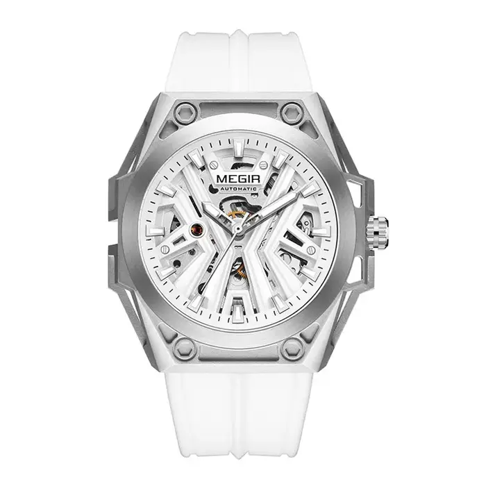 MEGIR montre automatique de mode pour hommes Sport militaire montre-bracelet mécanique étanche avec cadran squelette bracelet en Silicone 8603