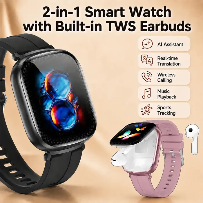 Montre connectée 2026 avec écouteurs sans fil, traduction en temps réel, appels Bluetooth, écran tactile HD, suivi d'activité physique pour Android et iOS