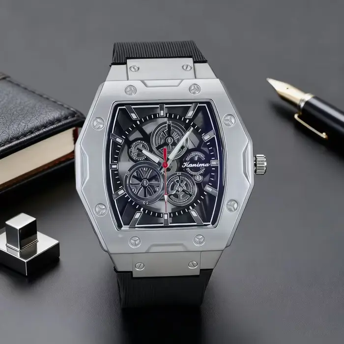 Nouvelle Montre Homme de Luxe Tonneau Squelette Creux Style Mécanique, Montre Sport Militaire en Sil
