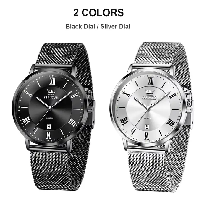 OLEVS 5623 Montre à quartz pour homme, cadran minimaliste avec chiffres romains, bracelet en maille 