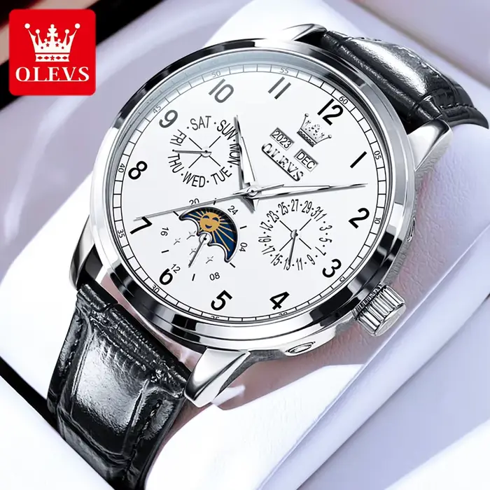 OLEVS-Montre Mécanique existent en Cuir pour Homme, Phase de Lune, Étanche, Calendrier Touriste, Mar