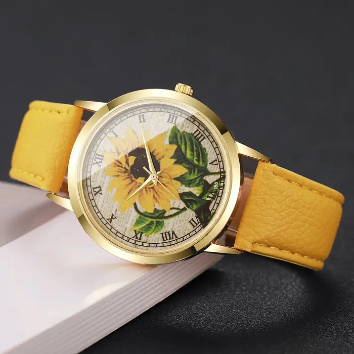Mode fleur Roma cadran femmes montre-bracelet bracelet en cuir décontracté montres à Quartz pour dames horloge Reloj Mujer (sans boîte)