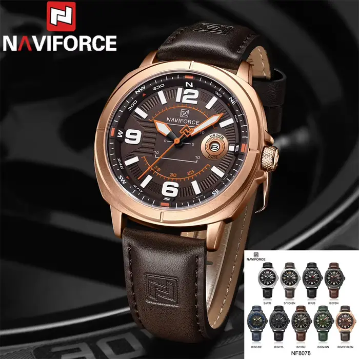 NAVIFORCE hommes montre-bracelet haut de gamme de luxe Auto Date montre d'affaires en cuir Sport militaire Original Quartz mâle horloge cadeau 8078