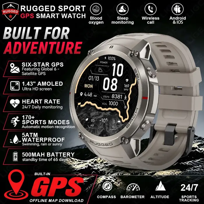 Montre connectée militaire LIGE avec navigation GPS