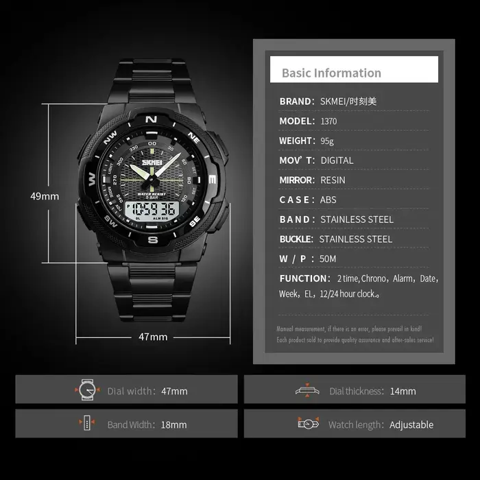 SKMEI 1370 montre numérique à Quartz pour hommes compte à rebours sport étanche électronique
