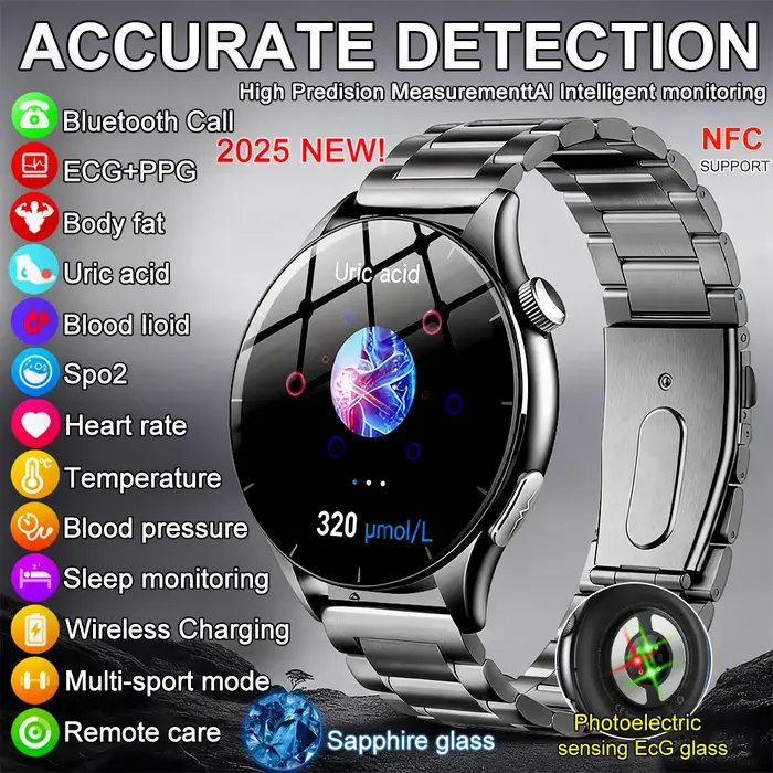 2025 nouvelle analyse de santé ECG + PPG montre intelligente graisse corporelle acide urique pression artérielle traqueur de fréquence cardiaque NFC Smartwatch pour Android IOS
