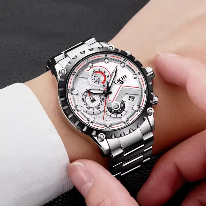 LIGE mode hommes montres haut de gamme marque argent acier inoxydable 30 m étanche montre à Quartz