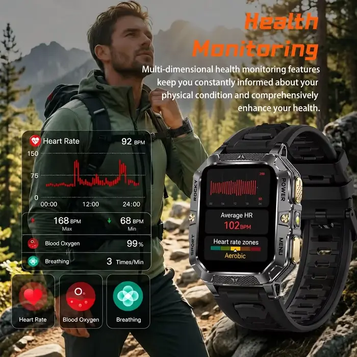 Montre connectée d'extérieur avec écran HD de 2,01 pouces, batterie de 1400 mAh, étanche IPX8, plus de 120 modes sportifs, appels BT5.3, lampe de poche LED, moniteur de santé.