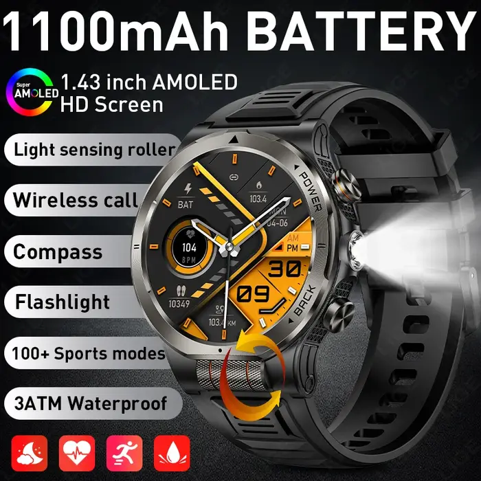 Montre connectée sportive LIGE pour hommes, 1100 mAh, étanche 3 ATM, appels Bluetooth, plus de 100 m