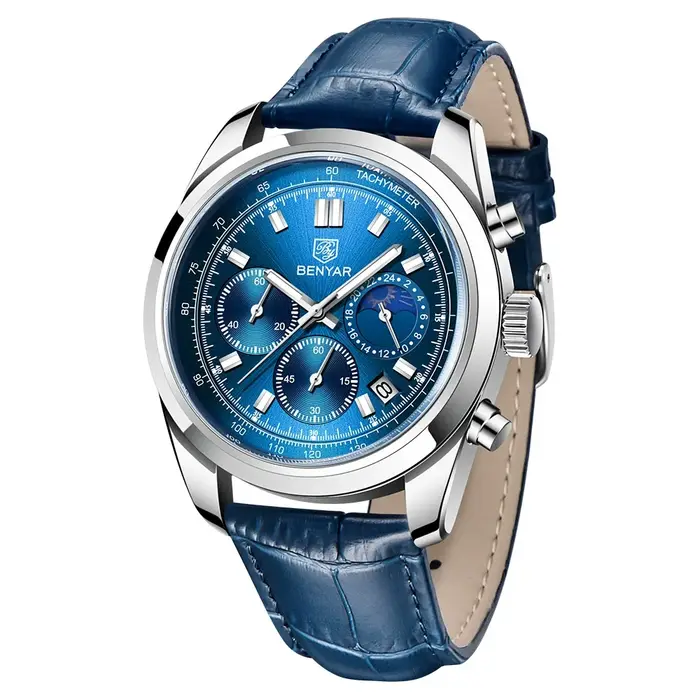 Montre à Quartz pour homme, chronographe de 42mm de diamètre et de 13mm d'épaisseur avec cadran fonctionnel, bracelet en cuir, étanche 50M