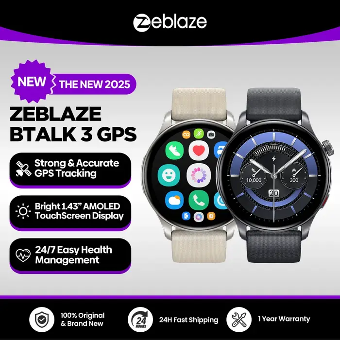 Nouveau Zeblaze Btalk 3 GPS Smartwatch 1.43 "AMOLED écran double sangle Bluetooth appel montre de sport fréquence cardiaque SpO2 suivi du stress