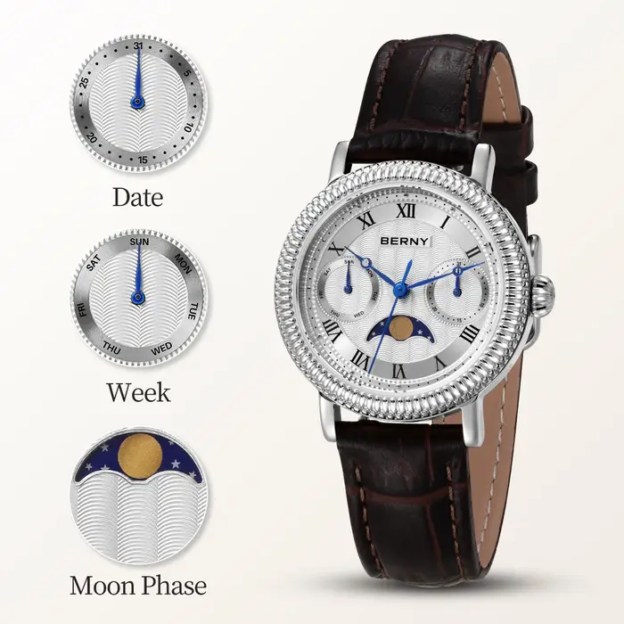 BERNY Montres pour femmes, montre de luxe pour affaires, phase de lune, élégante, à quartz, bracelet en cuir, acier inoxydable