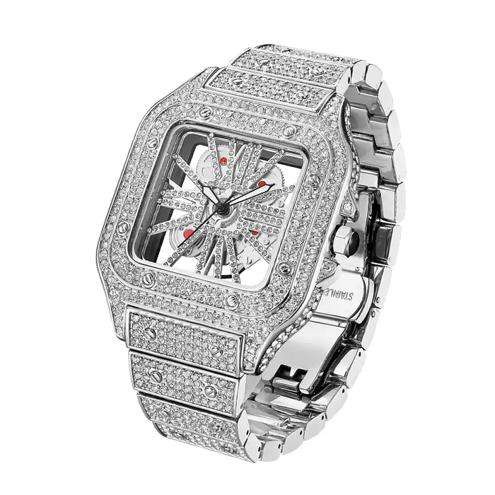 Montres carrées entièrement en diamant pour hommes, montre de luxe à la mode, squelette scintillant,