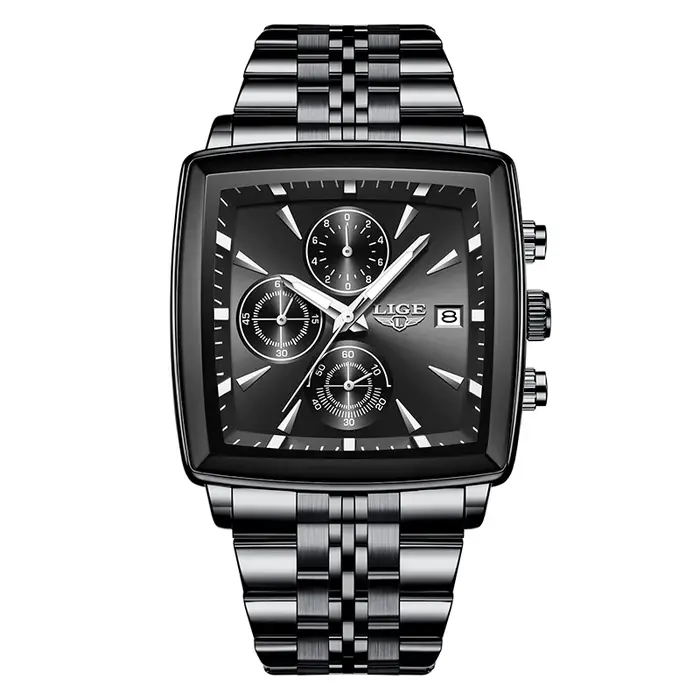 LIGE mode montres de luxe pour hommes cadran carré en acier inoxydable étanche lumineux Auto Date chronographe Quartz homme montre + boîte