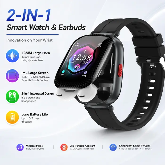 Montre intelligente 2-en-1 avec écouteurs Bluetooth, son stéréo HD, appels sans fil, assistant IA, s