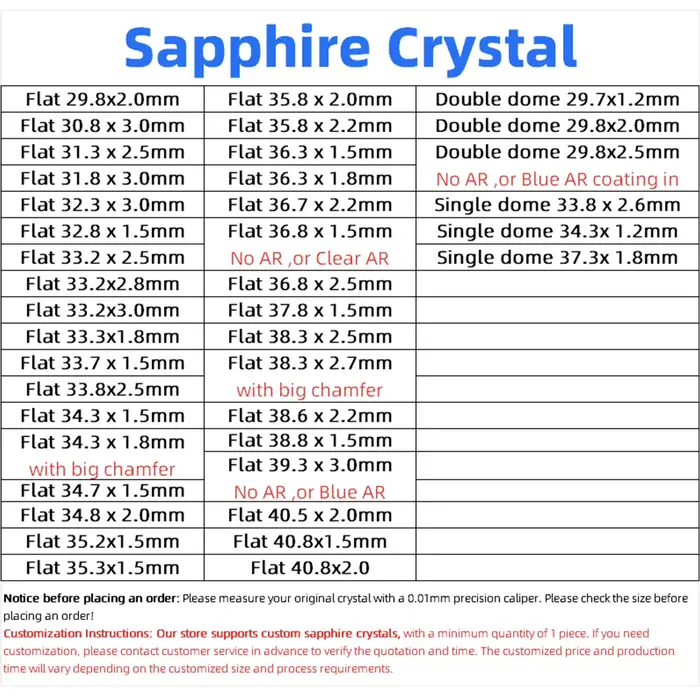 Verre saphir pour Citizen Crystal Flat 35.8x2.0 36.3x1.5 38.3x2.5 40.8x2.0mm