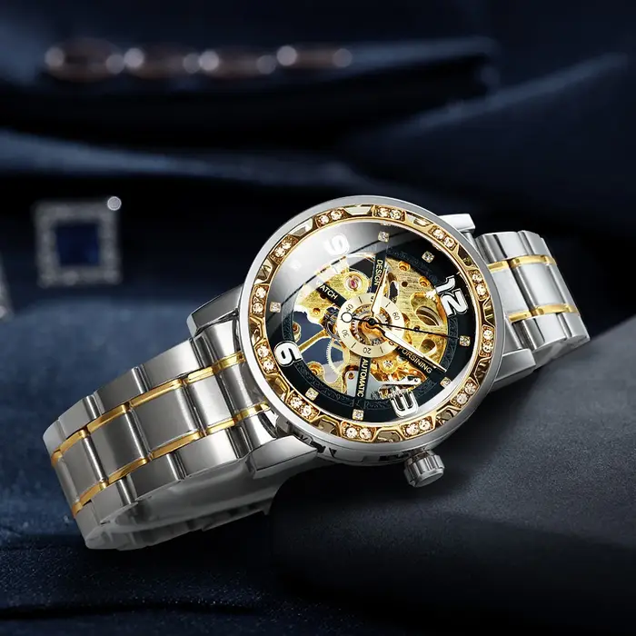 Forsining montres mécaniques de luxe aiguilles lumineuses montre squelette rétro en or pour hommes bracelet en acier