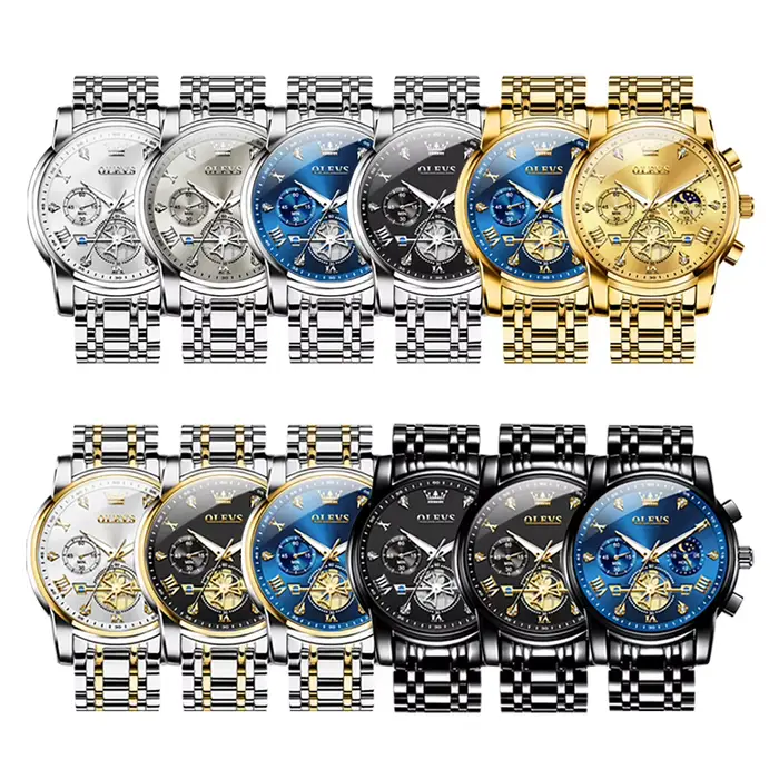 OLEVS montres pour homme phase de lune 30 m étanche mode véritable montre à quartz lumineux en acier inoxydable marque montre-bracelet coffret