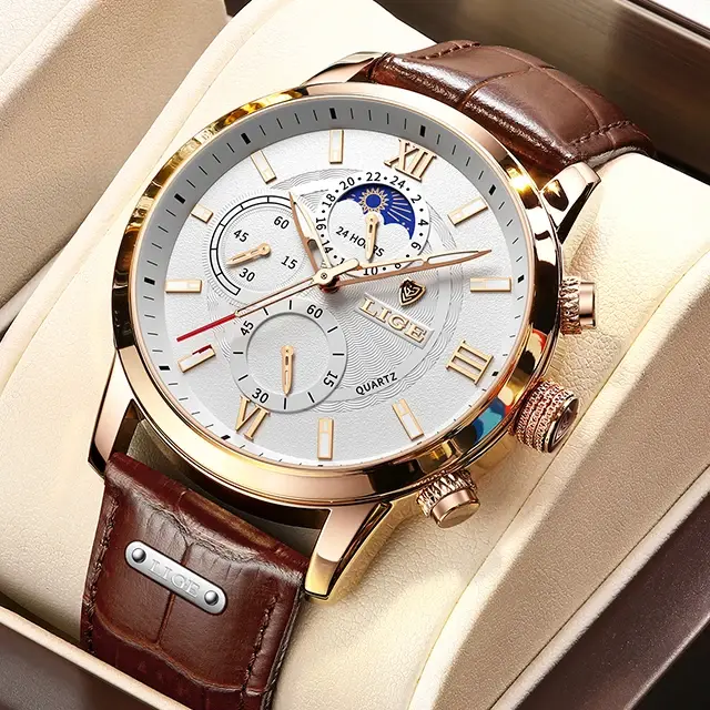 2025 LIGE montres hommes Top marque horloge de luxe décontracté en cuir 24 heures Phase de lune