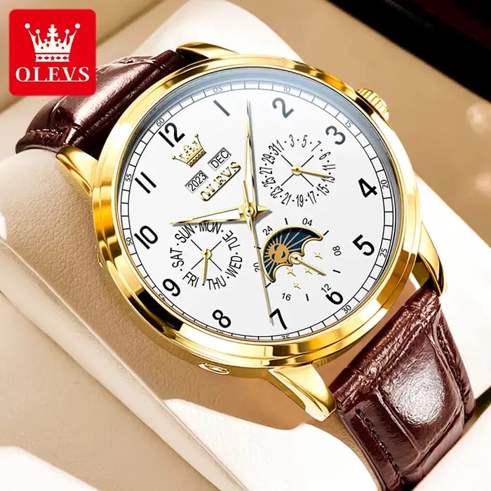 OLEVS 6698 nouvelle montre mécanique de Phase de lune pour hommes numéro 42mm grand cadran en cuir horloge à main étanche automatique homme montres 2025