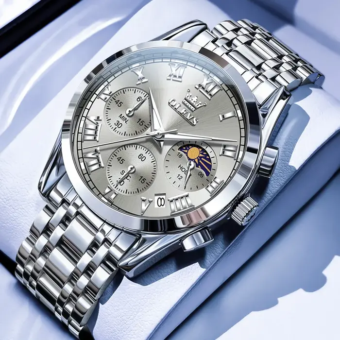 OLEVS luxe Sport homme montre-bracelet Original lumineux Phase de lune chronographe montre pour hommes en acier