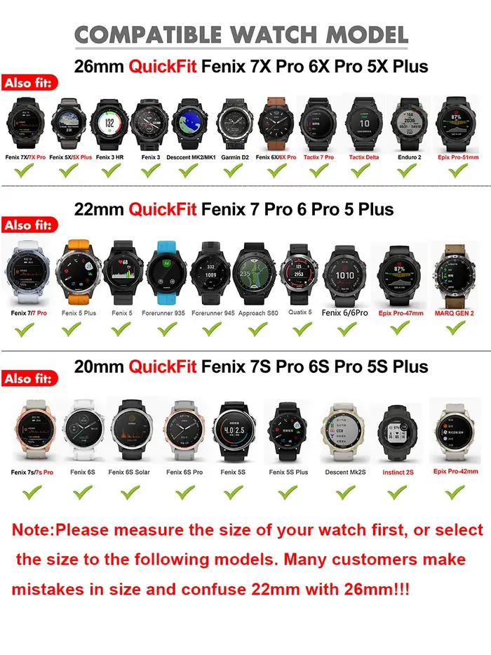 26 22 20MM Bracelet de montre pour Garmin Fenix 6X 6 Pro 7X 7 7S 8 47mm 51mm E