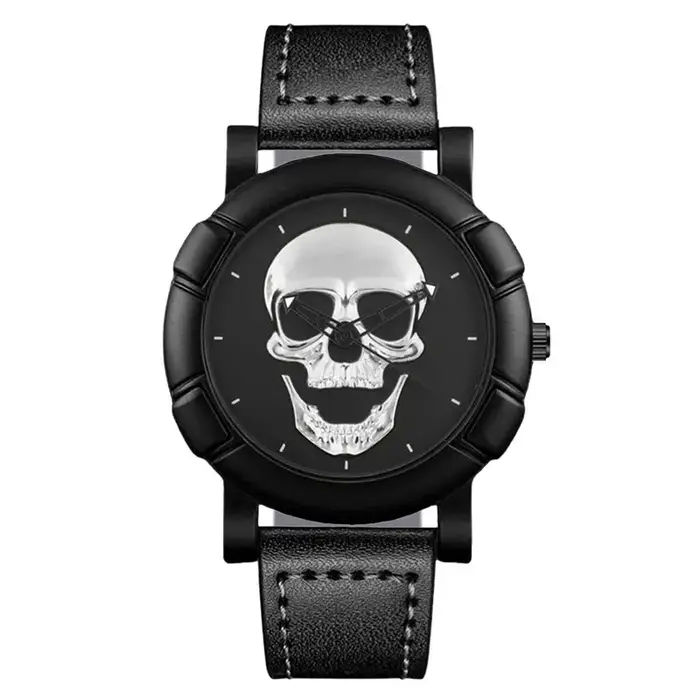 Montre-bracelet à quartz en cuir pour homme, montres tête de mort 3D personnalisées, sport militaire