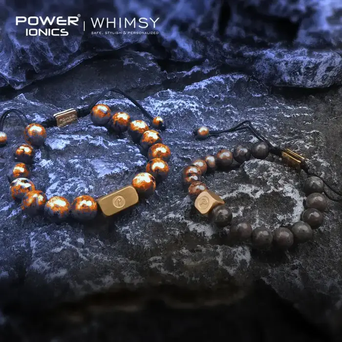 POWER IONICS 8mm 10mm Bracelet réglable en perles de pierre de feu de flamme naturelle-plaqué or 18 carats bijoux unisexe cadeau de gravure personnalisé