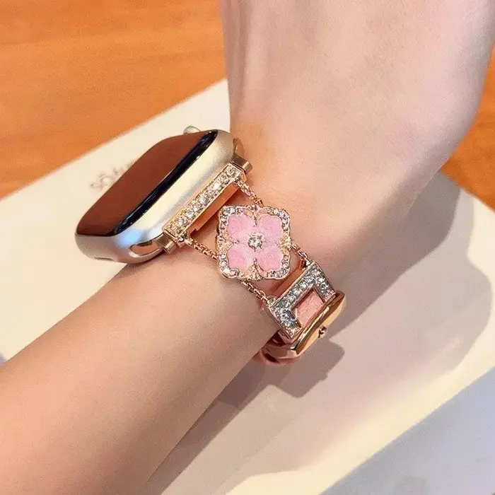 Feeling d'or cinq fleurs en cuir véritable compatible avec le bracelet iWatch 38mm 40mm 41mm 42mm 44mm 45mm 49mm
