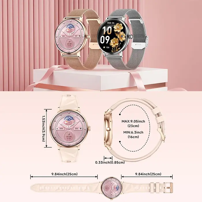 Montre connectée pour femmes 2026, écran AMOLED 1,19'', corps ultra-fin, plus de 120 modes sportifs, appels BT, suivi de la fréquence cardiaque et du sommeil, cadeau de Noël