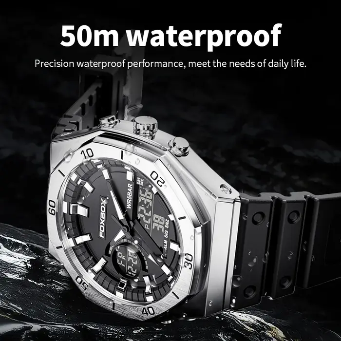 FOXBOX nouvelles montres à double affichage pour hommes sport décontracté chronographe Quartz grand cadran montre-bracelet Silicone étanche horloge numérique