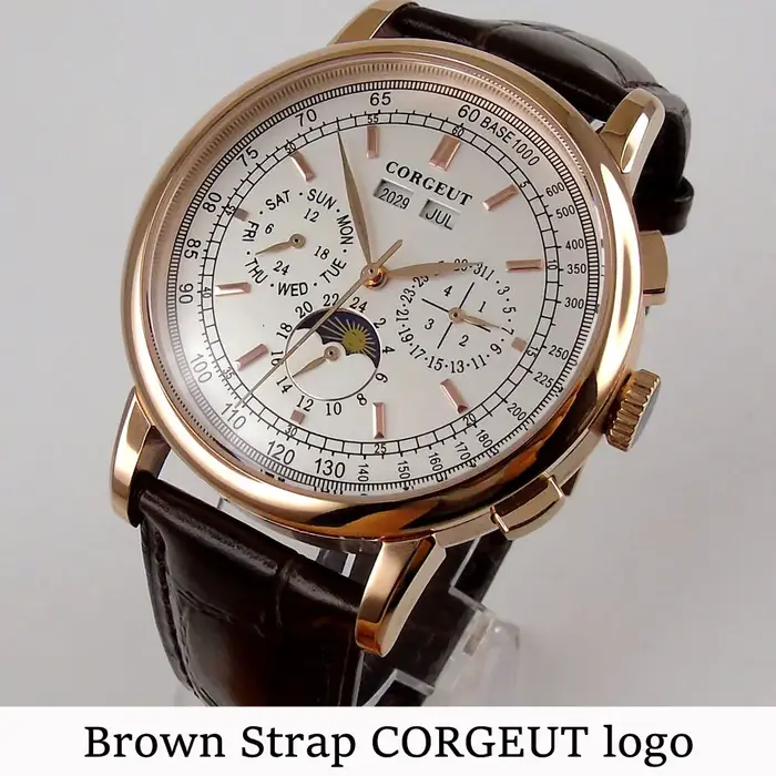 42mm Corgeut montre automatique pour hommes montres mécaniques jour Date mois année calendrier multi-fonction 316L jour-nuit bracelet en cuir