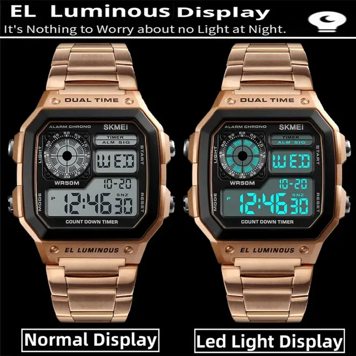 Skmei-Montre numérique en acier inoxydable pour homme